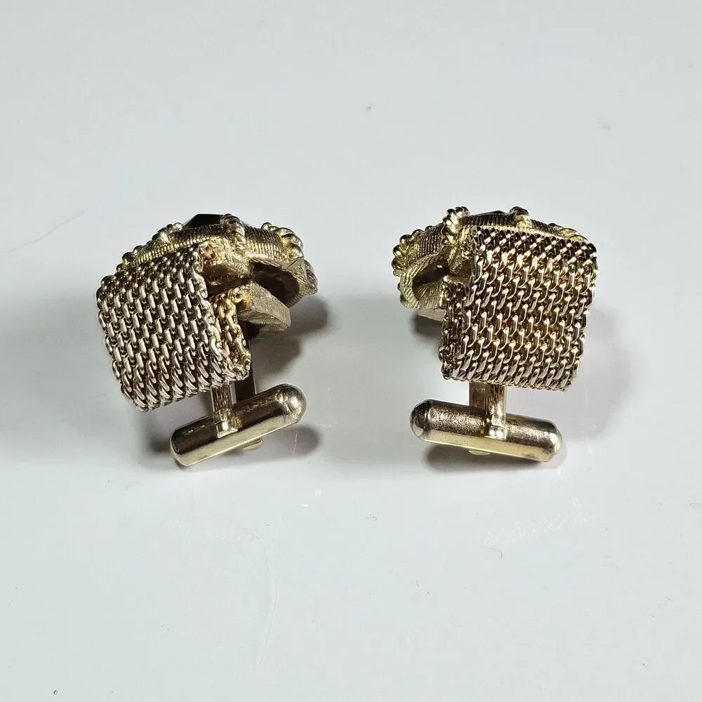 Swank Vintage Gold Tone Metal Champagne Colored Glass Cufflinks